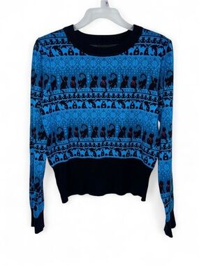 Unique Vintage Black Cat Sweater M/L Blue Halloween Knit Pullover Fair Isle